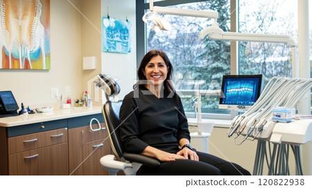 A friendly female dentist in a black scrub sitting in a modern dental office, with a well-equipped treatment chair and digital X-ray display. The window offers a view of the outdoors, creating a calm, 120822938