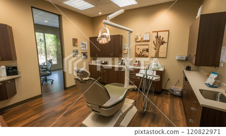 A minimalist dental office layout featuring a central treatment chair, overhead LED light, and wall-mounted storage units. The space is designed with neutral tones and subtle green accents A minimalist dental office layout featuring a central treatment chair, overhead LED light, and wall-mounted storage units. The space is designed with neutral tones and subtle green accents 120822971