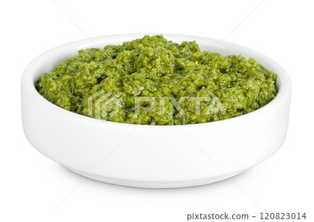 Pesto sauce in ceramic bowl isolated on white background 120823014