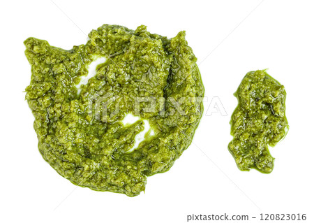 Pesto sauce isolated on white background. Top view. Flat lay 120823016