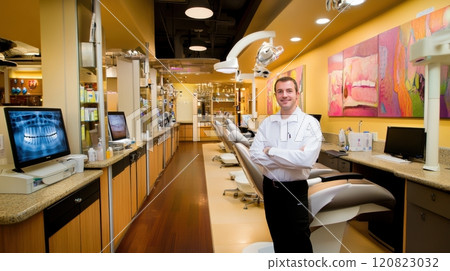 A friendly dentist standing in a bright and modern dental clinic, surrounded by multiple treatment chairs, digital X-ray displays, and medical equipment. Colorful artwork adorns the walls A friendly dentist standing in a bright and modern dental clinic, surrounded by multiple treatment chairs, digital X-ray displays, and medical equipment. Colorful artwork adorns the walls 120823032