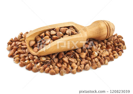Raw buckwheat in wooden scoop isolated on white background Raw buckwheat in wooden scoop isolated on white background 120823039
