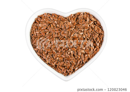 flaxseed in ceramic bowl isolated on white background. Top view. Flat lay 120823046