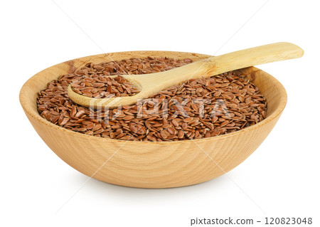 flaxseed in wooden bowl isolated on white background. Top view. Flat lay 120823048