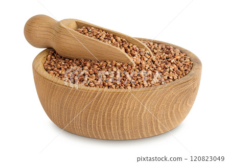 Raw buckwheat in wooden bowl isolated on white background 120823049