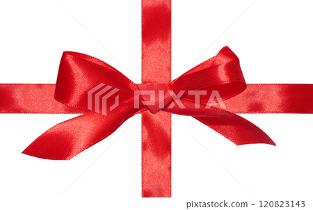 Red silk ribbon and a tied bow on an isolated background, top view. Gift packaging Red silk ribbon and a tied bow on an isolated background, top view. Gift packaging 120823143
