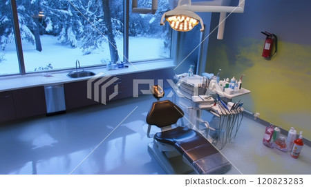 Sterile dental treatment room featuring a reclining dental chair with overhead LED lighting, a mobile instrument cart, and a sink with neatly arranged hygiene products. The polished floor and clean Sterile dental treatment room featuring a reclining dental chair with overhead LED lighting, a mobile instrument cart, and a sink with neatly arranged hygiene products. The polished floor and clean 120823283