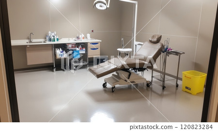 Sterile dental treatment room featuring a reclining dental chair with overhead LED lighting, a mobile instrument cart, and a sink with neatly arranged hygiene products. The polished floor and clean 120823284