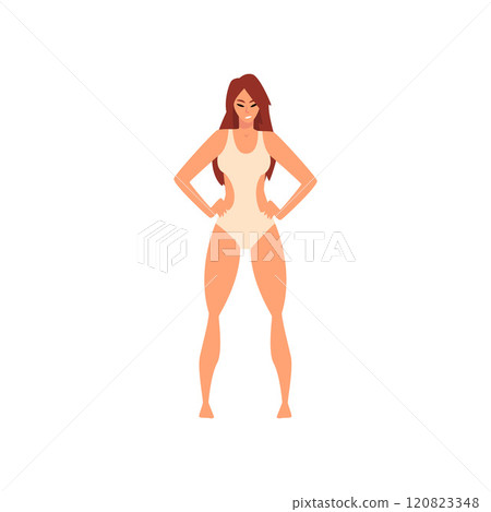 Beautiful Smiling Girl in White Swimsuit, Young Woman Wearing Bathing Suit Standing with Hands on Her Waist Vector Illustration 120823348
