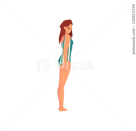 Girl in Swimsuit, Young Woman Wearing Color Bathing Suit Side View, Summer Fashion Vector Illustration 120823354