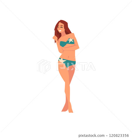 Smiling Girl in Swimsuit, Beautiful Young Woman Wearing Color Bathing Suit Enjoying Summer Vacation Vector Illustration 120823356