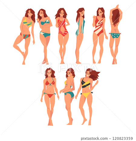 Smiling Girl in Different Swimsuits Set, Beautiful Young Woman Wearing Color Bathing Suits, Summer Fashion Vector Illustration 120823359