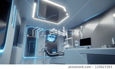 Wide-angle view of a high-tech dental office showcasing advanced equipment like digital X-ray machines, a computer station, and modern dental tools. Wide-angle view of a high-tech dental office showcasing advanced equipment like digital X-ray machines, a computer station, and modern dental tools. 120823363