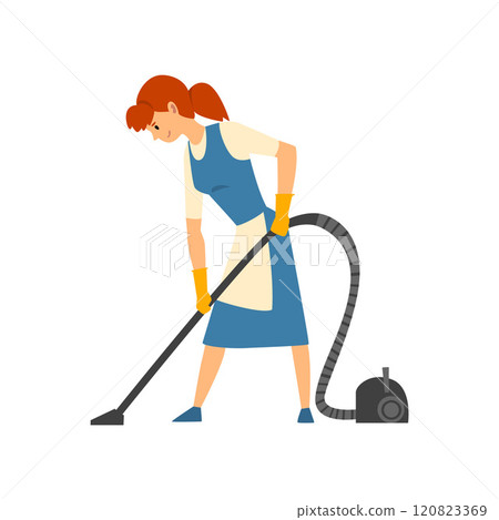 Cleaning Woman Vacuuming Floor, Maid Character Wearing Uniform with Blue Dress and White Apron, Cleaning Service Vector Illustration 120823369