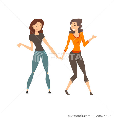 Beautiful Girls Holding Hands, Joyful Friends Having Fun Together, Female Friendship Concept Vector Illustration Beautiful Girls Holding Hands, Joyful Friends Having Fun Together, Female Friendship Concept Vector Illustration 120823428