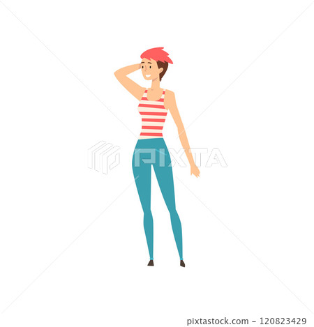 Beautiful Smiling Girl Wearing Casual Fashion Clothing with Short Dyed Hair Vector Illustration Beautiful Smiling Girl Wearing Casual Fashion Clothing with Short Dyed Hair Vector Illustration 120823429