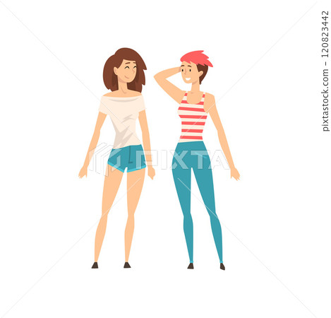 Two Beautiful Girls Dressed in Casual Clothes Standing Together, Best Friends, Female Friendship Concept Vector Illustration Two Beautiful Girls Dressed in Casual Clothes Standing Together, Best Friends, Female Friendship Concept Vector Illustration 120823442