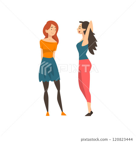 Two Beautiful Smiling Girls Dressed in Casual Clothes Standing and Talking, Best Friends, Female Friendship Concept Vector Illustration 120823444