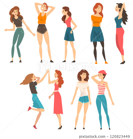 Best Friends Set, Happy Smiling Girls Spending Good Time Together, Female Friendship Concept Vector Illustration Best Friends Set, Happy Smiling Girls Spending Good Time Together, Female Friendship Concept Vector Illustration 120823449