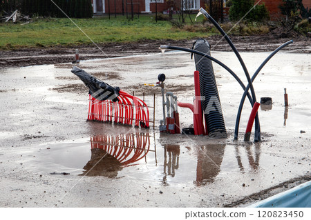 Building foundation slab and communications. Pipes for water, electricity and underfloor heating Building foundation slab and communications. Pipes for water, electricity and underfloor heating 120823450
