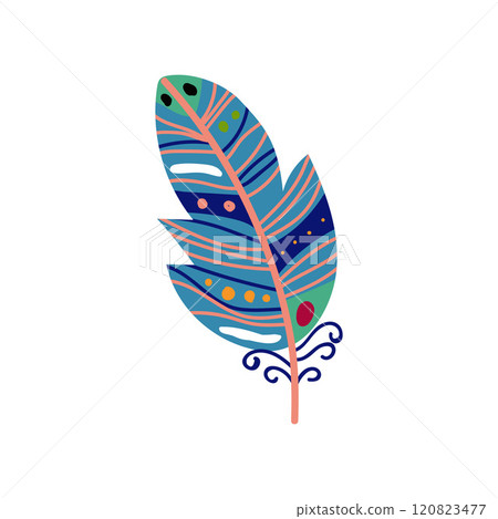Colored Bird Feather Painted in Colorful Patterns in Blue Colors, Decoration Element Vector Illustration 120823477