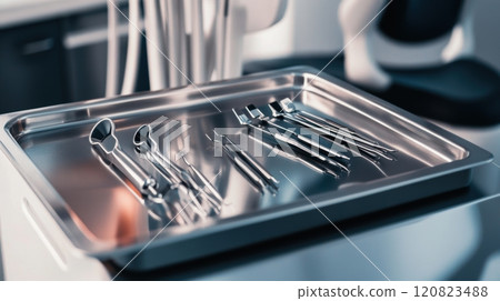Close-up view of a meticulously organized dental workspace, featuring precision dental tools neatly arranged on a metallic tray. The background includes modern dental chairs and equipment 120823488