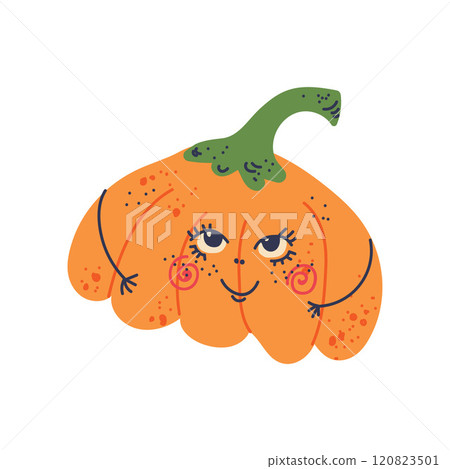 Cute Pumpkin with Funny Face, Adorable Vegetable Cartoon Character Vector Illustration Cute Pumpkin with Funny Face, Adorable Vegetable Cartoon Character Vector Illustration 120823501
