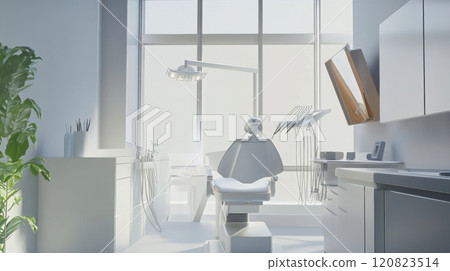 Sleek and modern dental office interior showcasing a minimalist design with a white dental chair, metal tools, and clean cabinetry. Large windows allow natural light to flood the space 120823514