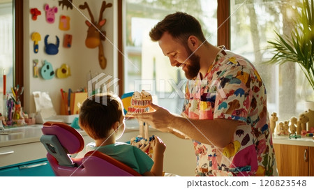A cheerful male dentist in his 40s, wearing a colorful scrub, interacting with a young child patient (around 8 years old) in a fun, colorful dental office. The dentist is offering a treat to the child A cheerful male dentist in his 40s, wearing a colorful scrub, interacting with a young child patient (around 8 years old) in a fun, colorful dental office. The dentist is offering a treat to the child 120823548
