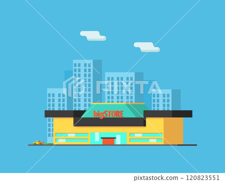 City Landscape with Skyscrapers and Store Building Vector Illustration 120823551