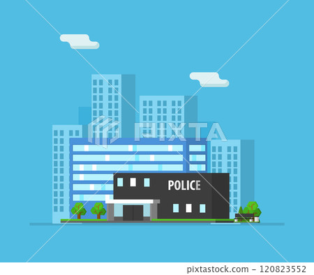 Urban Landscape with Skyscrapers and Police Building Vector Illustration Urban Landscape with Skyscrapers and Police Building Vector Illustration 120823552