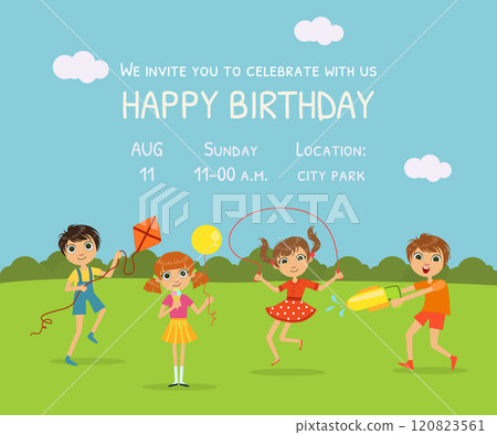 Happy Birthday Invitation Card with Cute Little Kids in Nature Background and Place for Your Text Vector Illustration Happy Birthday Invitation Card with Cute Little Kids in Nature Background and Place for Your Text Vector Illustration 120823561