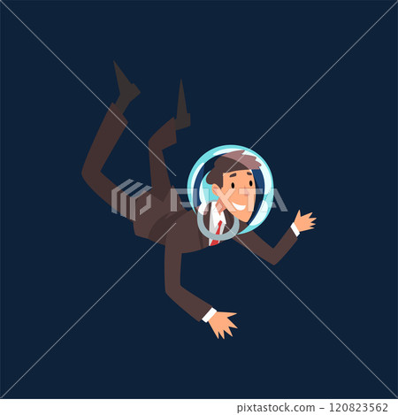 Smiling Businessman in Suit and Astronaut Helmet Flying in Dark Sky, Business Development Strategy, Leadership Vector Illustration 120823562