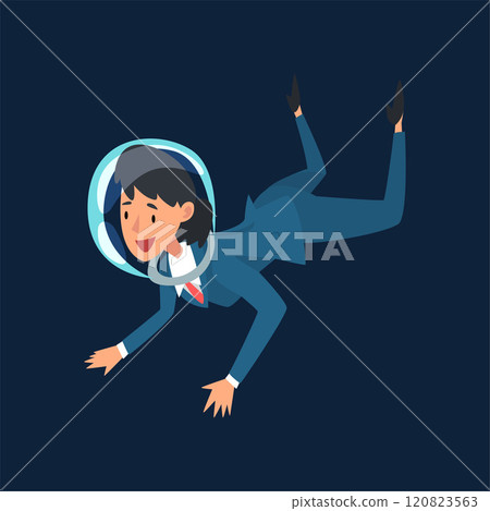 Smiling Businesswoman in Suit and Astronaut Helmet Flying in Outer Space, Business Development Strategy, Leadership Vector Illustration 120823563