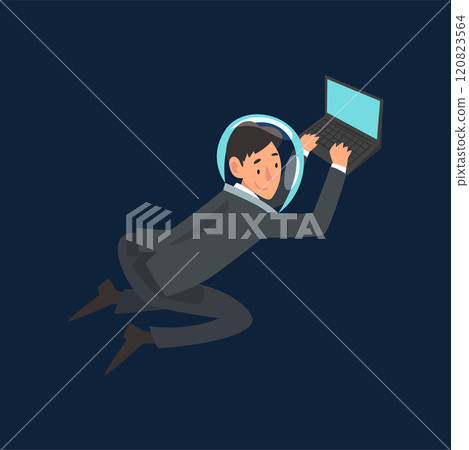 Businessman in Suit and Astronaut Helmet Flying in Outer Space with Laptop Computer, Business Development Strategy, Leadership Vector Illustration Businessman in Suit and Astronaut Helmet Flying in Outer Space with Laptop Computer, Business Development Strategy, Leadership Vector Illustration 120823564