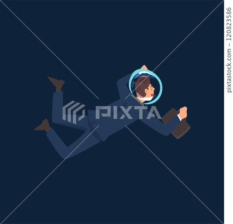 Successful Businessman in Suit and Astronaut Helmet Flying in Outer Space with Briefcase Vector Illustration 120823586