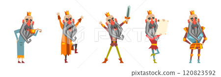 Funny Bearded King Character Emperor in Golden Crown Vector Set 120823592