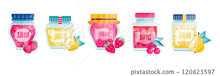 Jam Glass Jar with Fruit and Berry Canned Vector Set Jam Glass Jar with Fruit and Berry Canned Vector Set 120823597