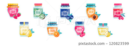 Jam Glass Jar with Fruit and Berry Canned Vector Set 120823599