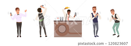 Professional Barman Making Cocktail and Alcoholic Drink Vector Set 120823607