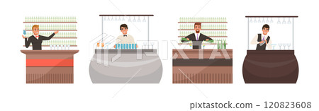 Professional Barman Making Cocktail and Alcoholic Drink Vector Set 120823608