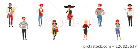 Male and Female Parisian Characters Wearing Traditional Clothes Vector Set 120823637