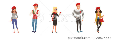 Male and Female Parisian Characters Wearing Traditional Clothes Vector Set 120823638