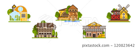 Townhouse and Rural House with Tree Flat Vector Set Townhouse and Rural House with Tree Flat Vector Set 120823642