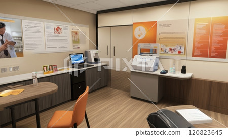 Diabetes care room featuring a consultation desk, glucose meter, and educational posters about diabetes management. The space includes a table for blood sugar testing demonstrations Diabetes care room featuring a consultation desk, glucose meter, and educational posters about diabetes management. The space includes a table for blood sugar testing demonstrations 120823645