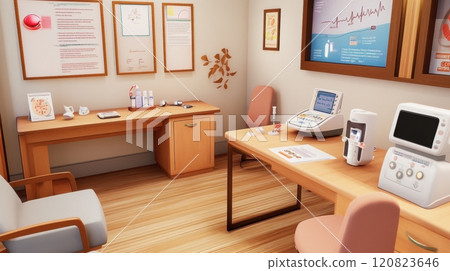 Diabetes care room featuring a consultation desk, glucose meter, and educational posters about diabetes management. The space includes a table for blood sugar testing demonstrations Diabetes care room featuring a consultation desk, glucose meter, and educational posters about diabetes management. The space includes a table for blood sugar testing demonstrations 120823646