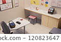 Diabetes care room featuring a consultation desk, glucose meter, and educational posters about diabetes management. The space includes a table for blood sugar testing demonstrations 120823647