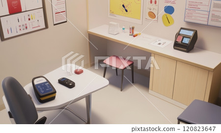 Diabetes care room featuring a consultation desk, glucose meter, and educational posters about diabetes management. The space includes a table for blood sugar testing demonstrations 120823647