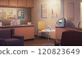Diabetes care room featuring a consultation desk, glucose meter, and educational posters about diabetes management. The space includes a table for blood sugar testing demonstrations 120823649