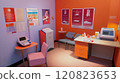 Diabetes care room featuring a consultation desk, glucose meter, and educational posters about diabetes management. The space includes a table for blood sugar testing demonstrations 120823653
